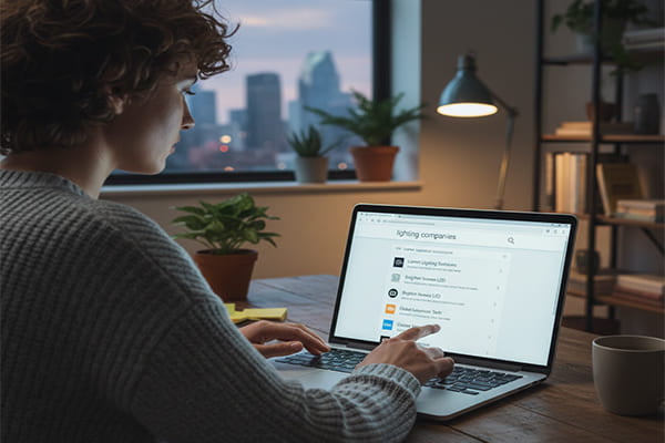 A person searching on a laptop for lighting companies